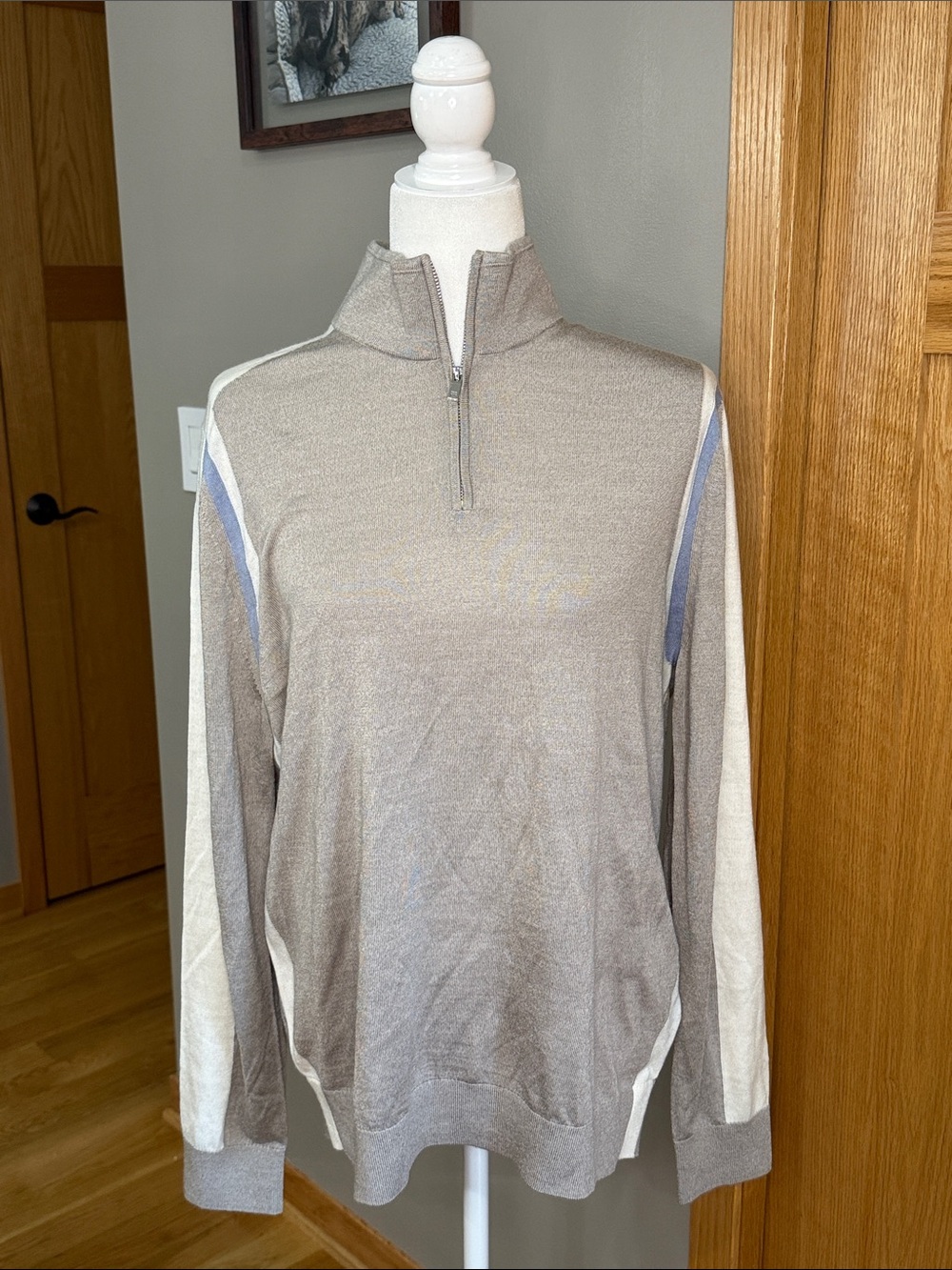 Reiss Taupe Quarter-Zip Sweater with Cream and Blue Accents
